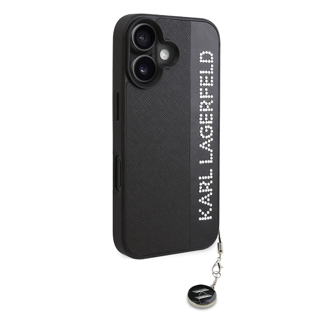 Apple iPhone 16 Case Karl Lagerfeld Original Licensed Keychain Stoned KL Written Saffiano Rhinestones Cover Black