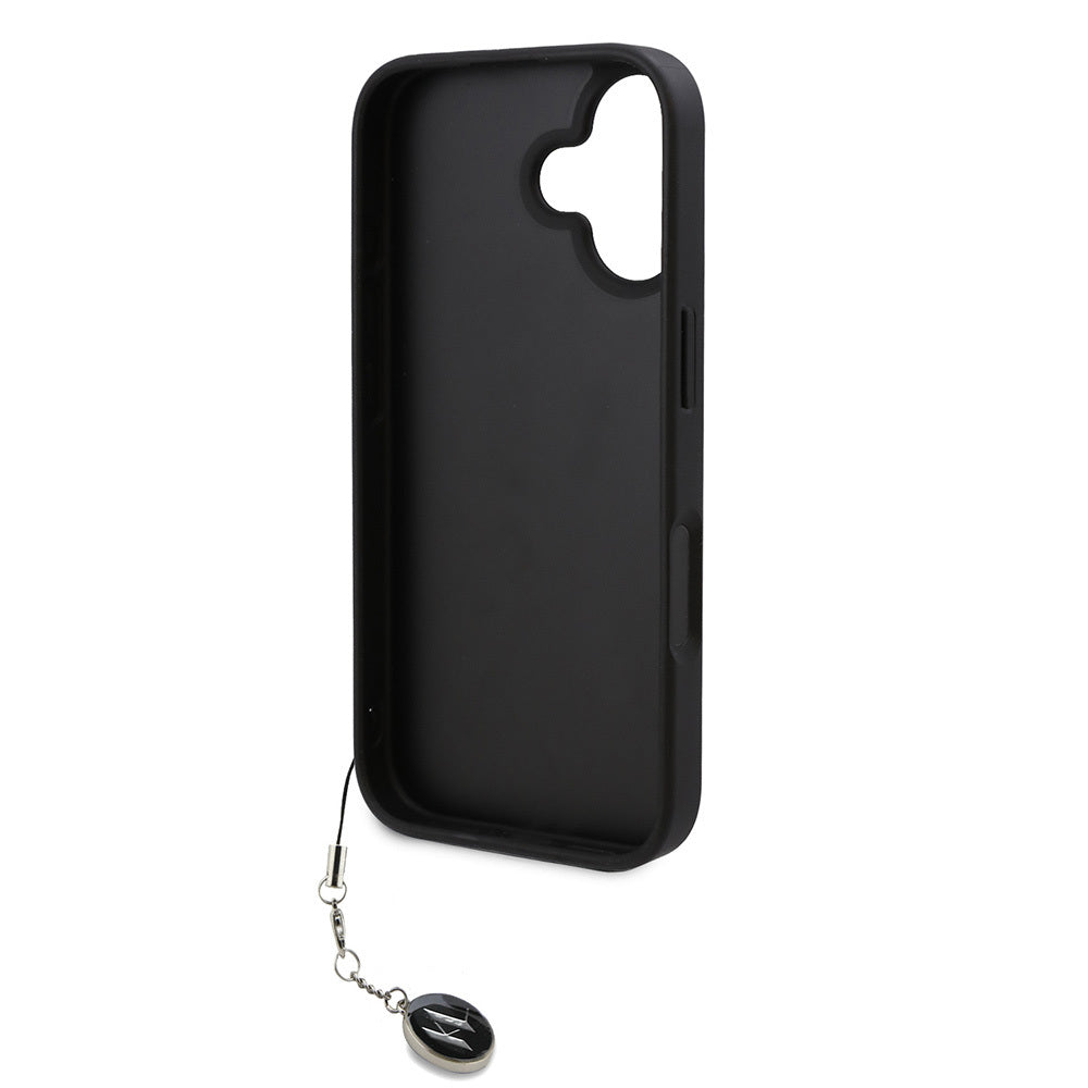 Apple iPhone 16 Case Karl Lagerfeld Original Licensed Keychain Stoned KL Written Saffiano Rhinestones Cover Pink