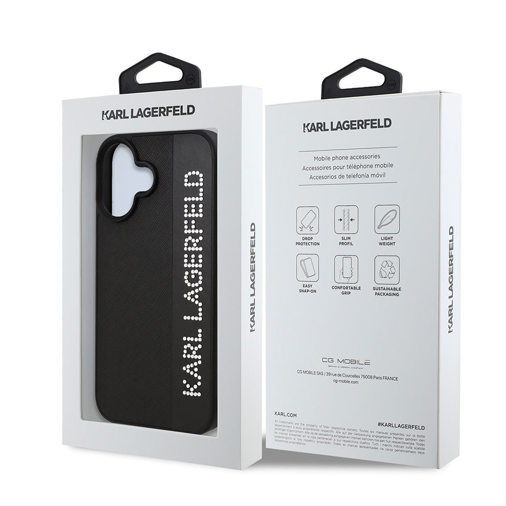 Apple iPhone 16 Case Karl Lagerfeld Original Licensed Keychain Stoned KL Written Saffiano Rhinestones Cover Black
