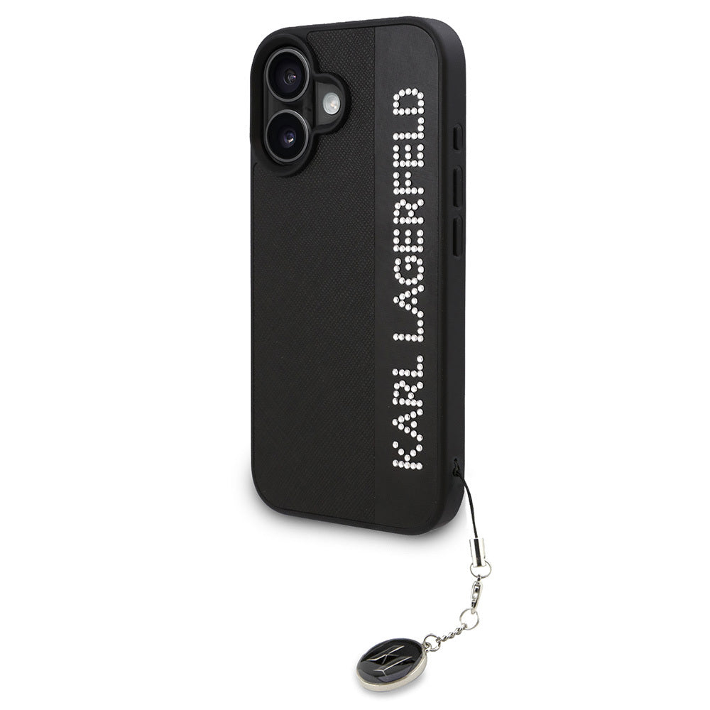 Apple iPhone 16 Case Karl Lagerfeld Original Licensed Keychain Stoned KL Written Saffiano Rhinestones Cover Pink