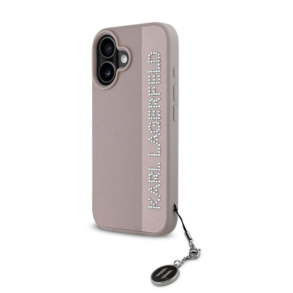 Apple iPhone 16 Case Karl Lagerfeld Original Licensed Keychain Stoned KL Written Saffiano Rhinestones Cover Black
