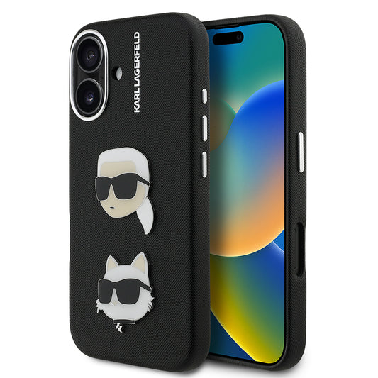 Apple iPhone 16 Kılıf Karl Lagerfeld Orjinal Lisanslı K&C Heads Pin Kapak Siyah