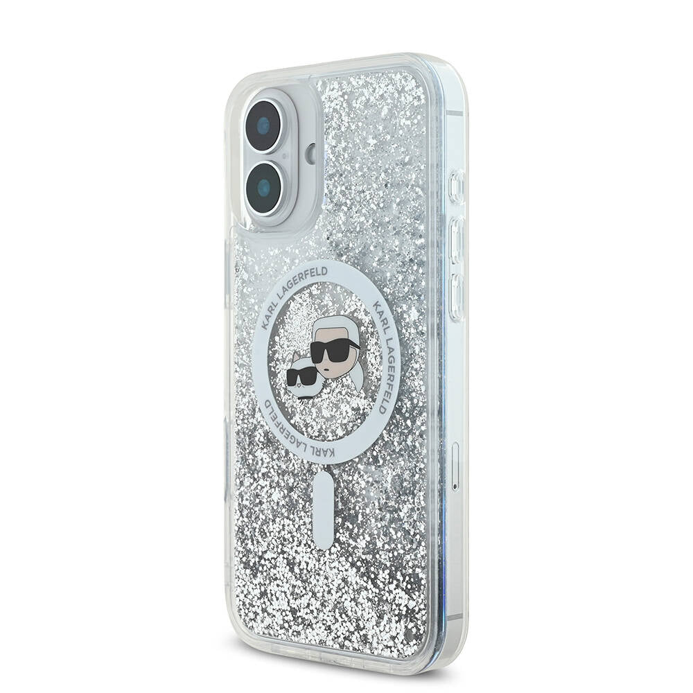 Apple iPhone 16 Case Karl Lagerfeld Original Licensed M-safe Charging Feature Liquid Glitter K&C Heads Transparent Cover