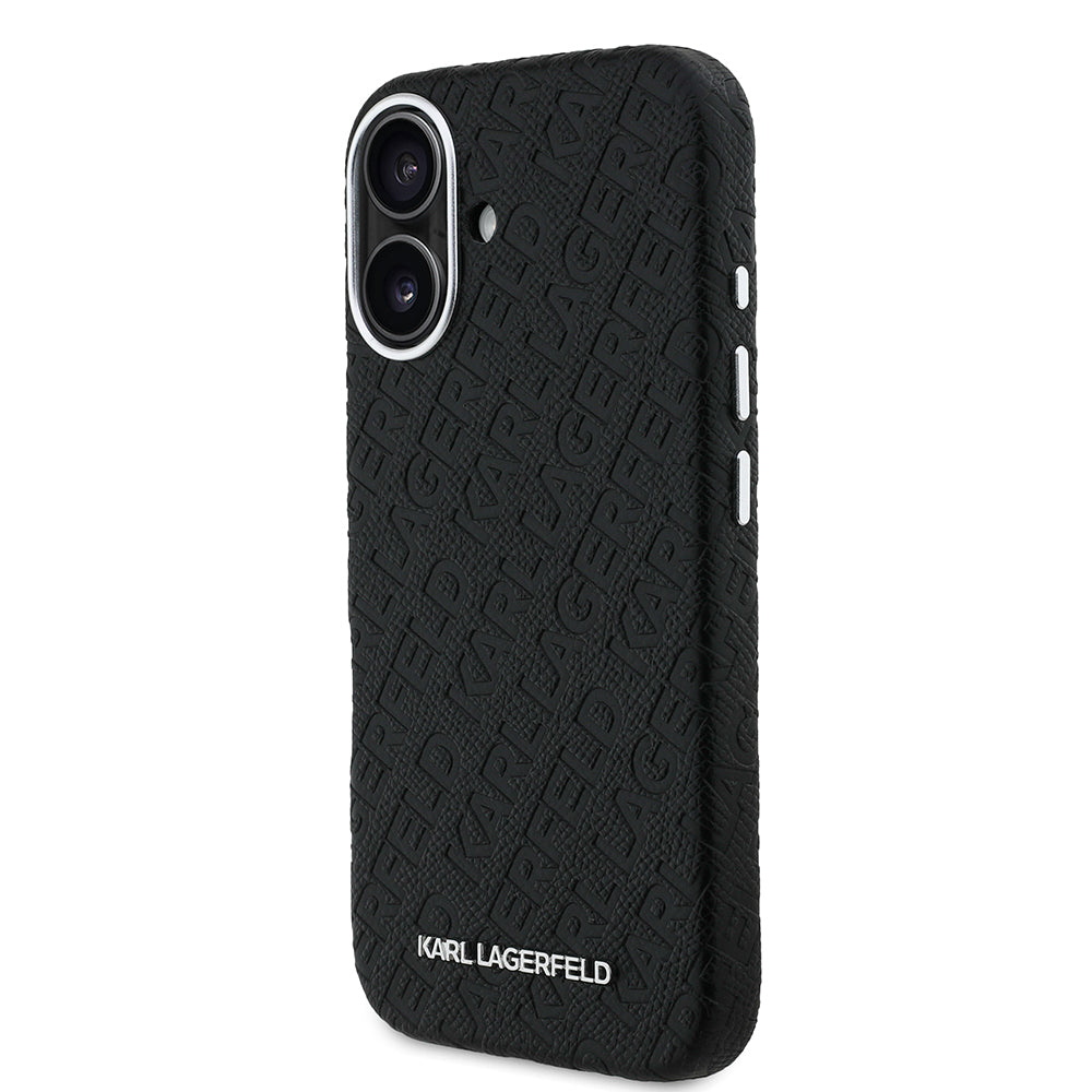 Apple iPhone 16 Case Karl Lagerfeld Original Licensed PU Leather Stamped Metal Lettering Logo Cover Black