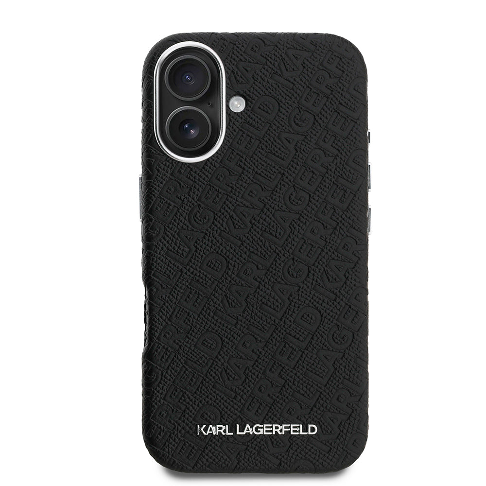 Apple iPhone 16 Case Karl Lagerfeld Original Licensed PU Leather Stamped Metal Lettering Logo Cover Black