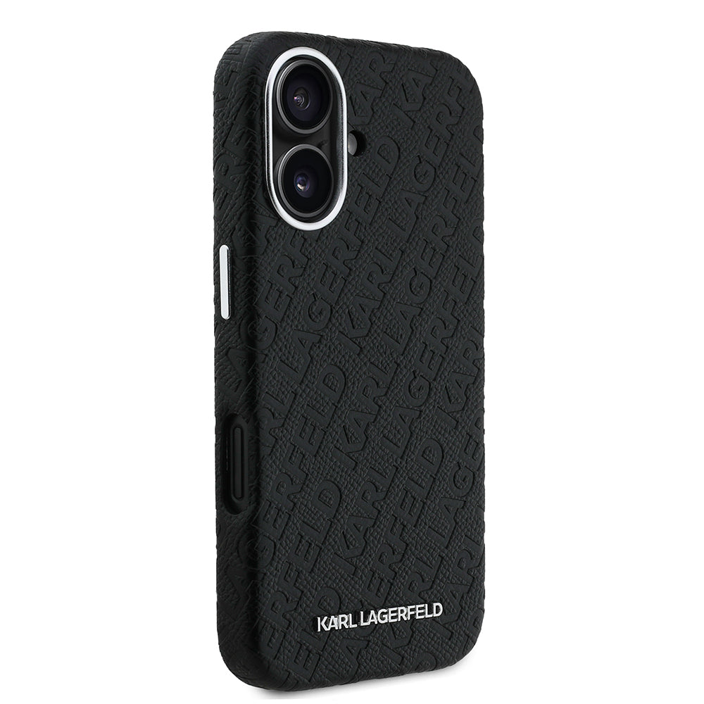 Apple iPhone 16 Case Karl Lagerfeld Original Licensed PU Leather Stamped Metal Lettering Logo Cover Black