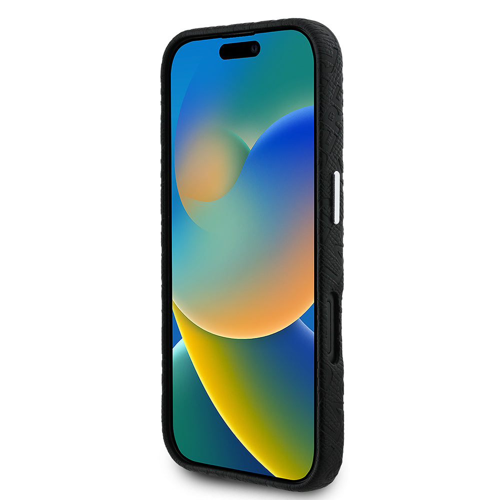 Apple iPhone 16 Kılıf Karl Lagerfeld Orjinal Lisanslı PU Deri Damgalı Metal Yazı Logolu Kapak Siyah