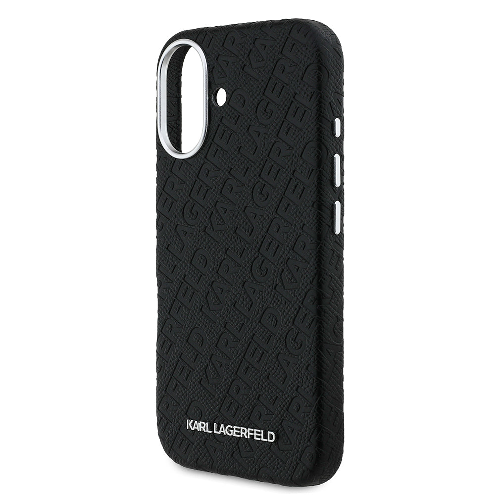 Apple iPhone 16 Case Karl Lagerfeld Original Licensed PU Leather Stamped Metal Lettering Logo Cover Black