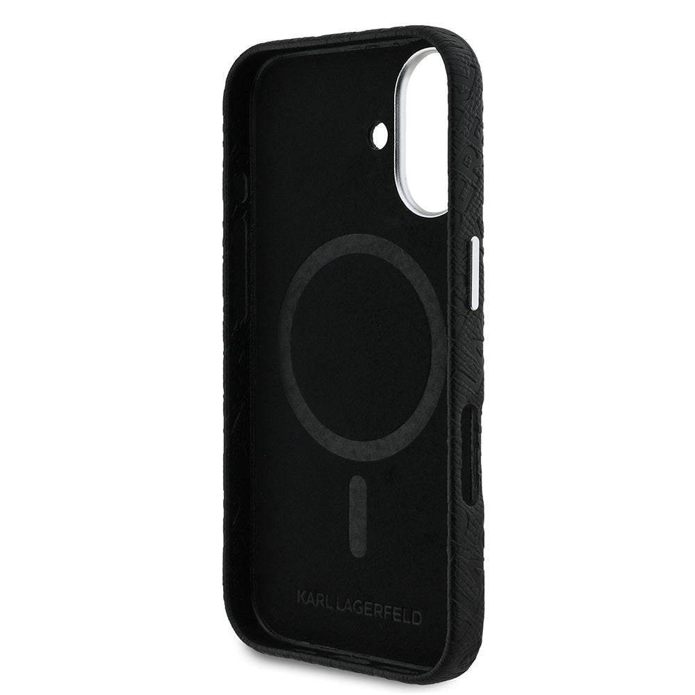 Apple iPhone 16 Case Karl Lagerfeld Original Licensed PU Leather Stamped Metal Lettering Logo Cover Black