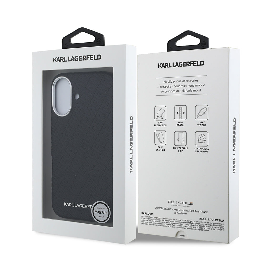 Apple iPhone 16 Case Karl Lagerfeld Original Licensed PU Leather Stamped Metal Lettering Logo Cover Black