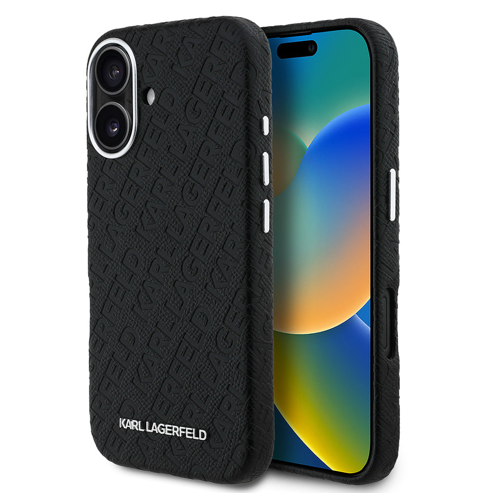 Apple iPhone 16 Case Karl Lagerfeld Original Licensed PU Leather Stamped Metal Lettering Logo Cover Black