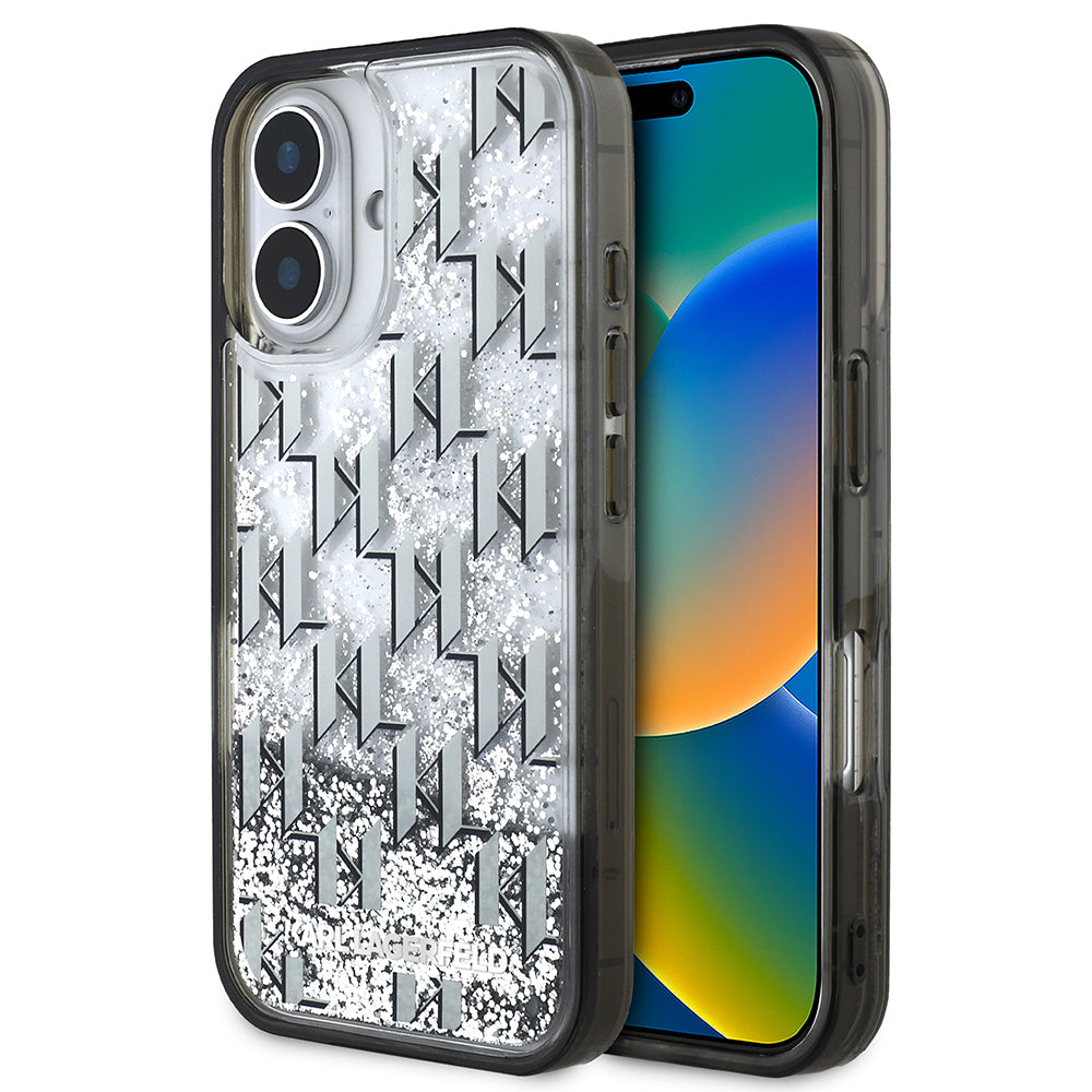 Apple iPhone 16 Case Karl Lagerfeld Original Licensed Glittery KL Written Monogram Gradient Cover Black
