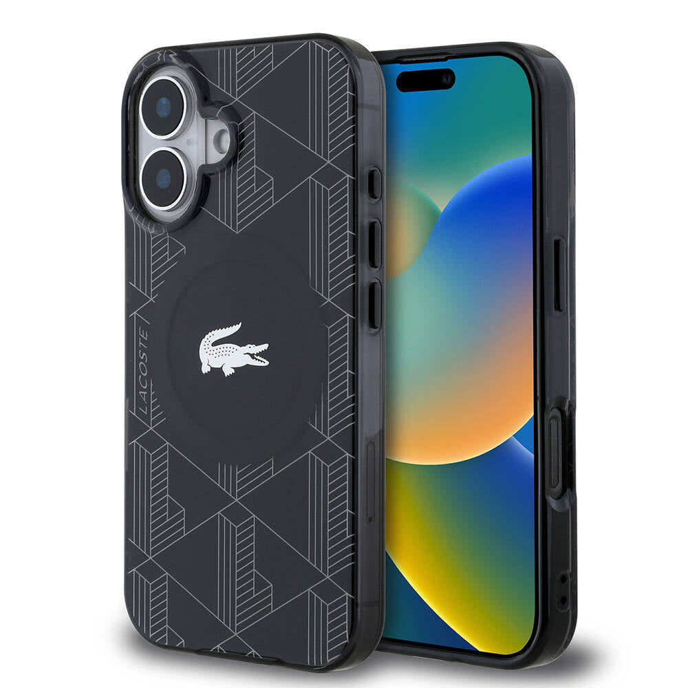 Apple iPhone 16 Case Lacoste Original Licensed M-Safe Charging Feature IML Printed Silver Crocodile Logo Monogram Cover Navy Blue