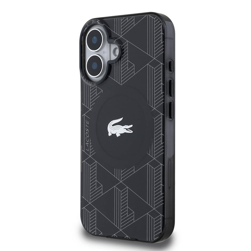 Apple iPhone 16 Case Lacoste Original Licensed M-Safe Charging Feature IML Printed Silver Crocodile Logo Monogram Cover Navy Blue