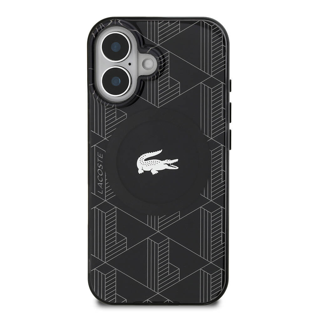 Apple iPhone 16 Case Lacoste Original Licensed M-Safe Charging Feature IML Printed Silver Crocodile Logo Monogram Cover Navy Blue