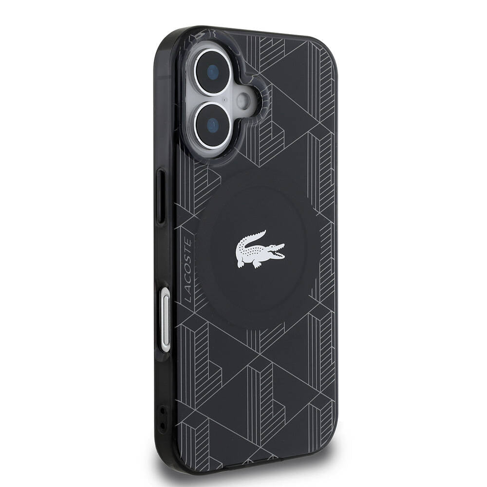 Apple iPhone 16 Case Lacoste Original Licensed M-Safe Charging Feature IML Printed Silver Crocodile Logo Monogram Cover Black