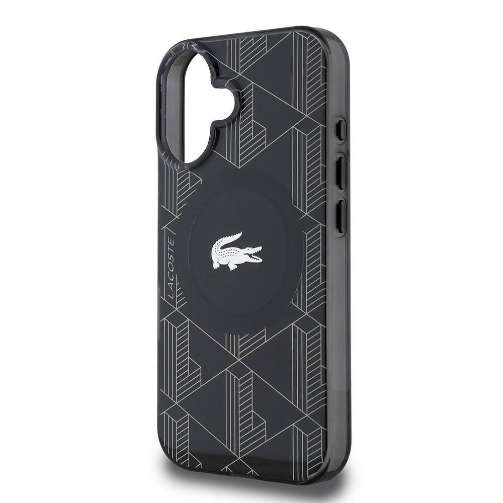 Apple iPhone 16 Case Lacoste Original Licensed M-Safe Charging Feature IML Printed Silver Crocodile Logo Monogram Cover Black