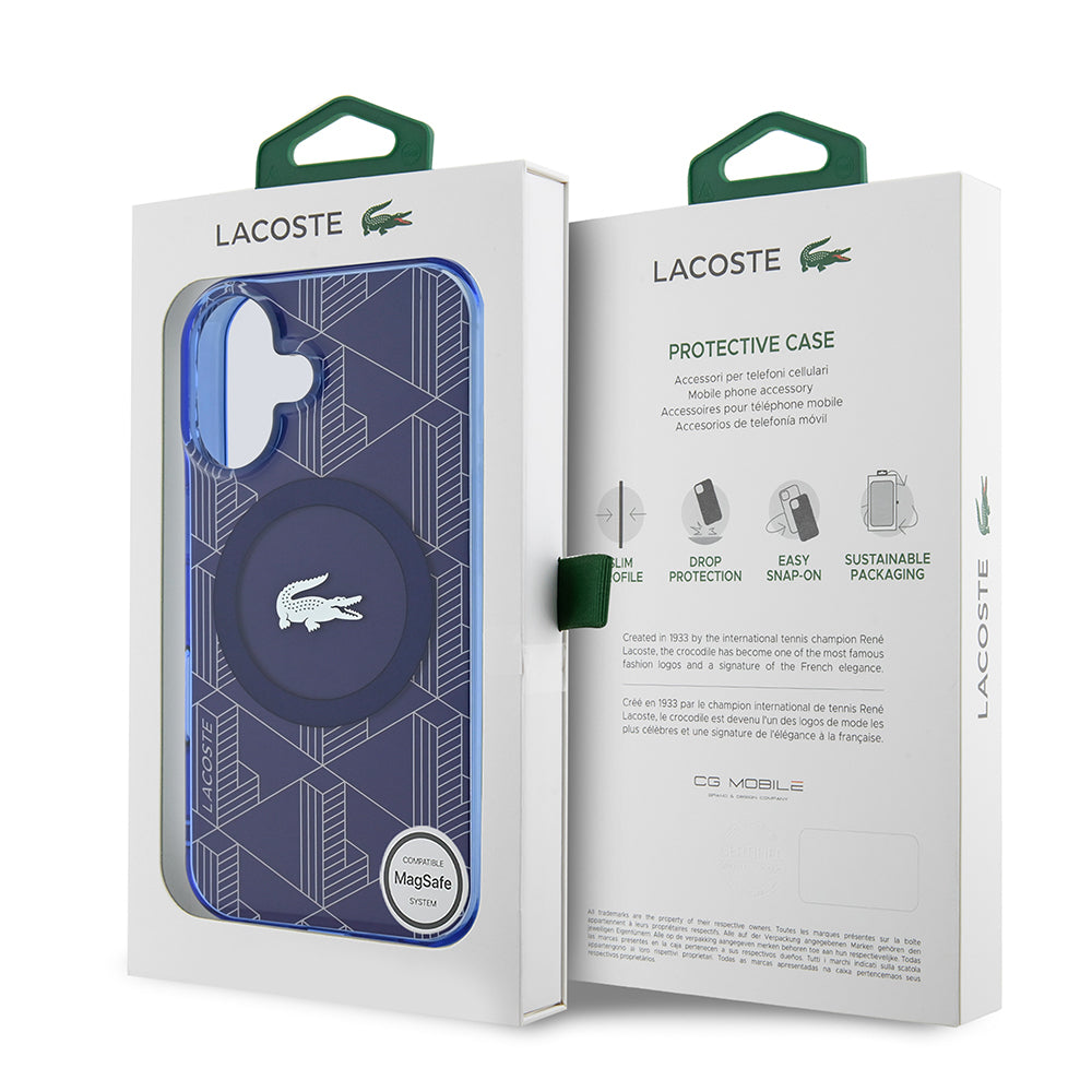 Apple iPhone 16 Case Lacoste Original Licensed M-Safe Charging Feature IML Printed Silver Crocodile Logo Monogram Cover Navy Blue