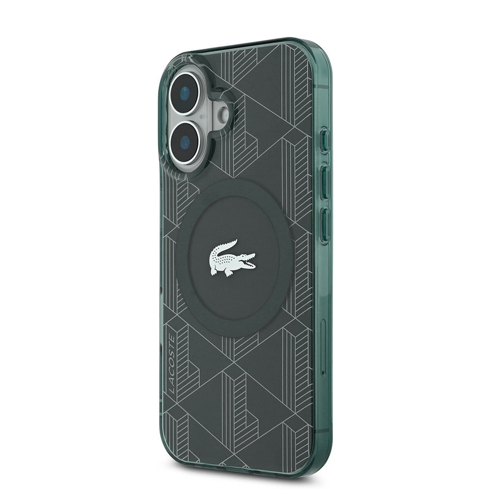 Apple iPhone 16 Case Lacoste Original Licensed M-Safe Charging Feature IML Printed Silver Crocodile Logo Monogram Cover Navy Blue