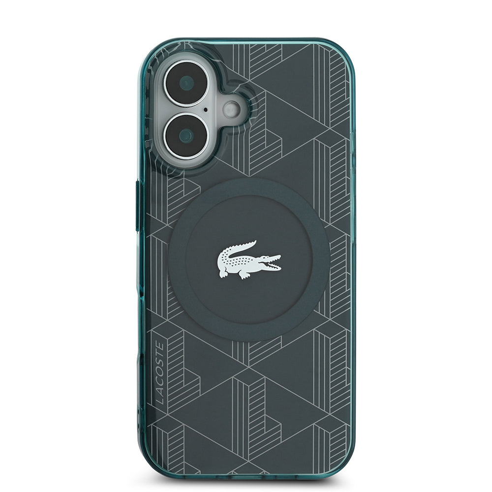 Apple iPhone 16 Case Lacoste Original Licensed M-Safe Charging Feature IML Printed Silver Crocodile Logo Monogram Cover Green
