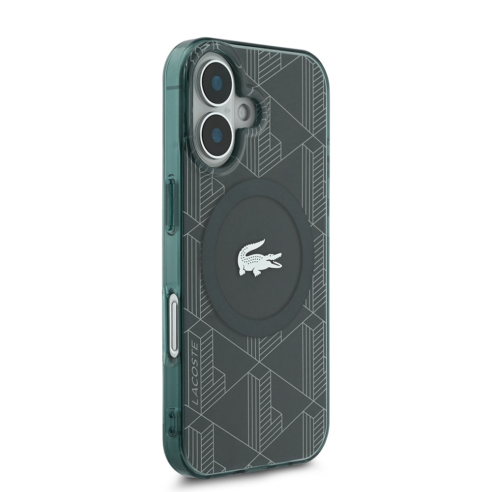 Apple iPhone 16 Case Lacoste Original Licensed M-Safe Charging Feature IML Printed Silver Crocodile Logo Monogram Cover Green