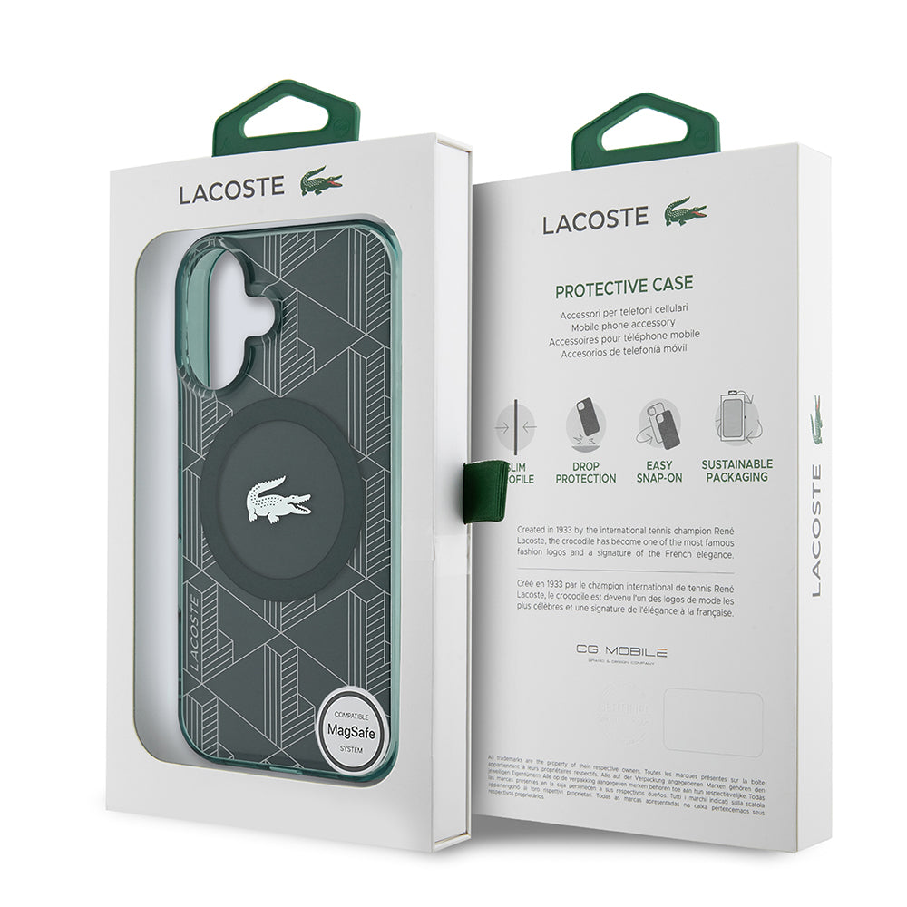 Apple iPhone 16 Case Lacoste Original Licensed M-Safe Charging Feature IML Printed Silver Crocodile Logo Monogram Cover Navy Blue