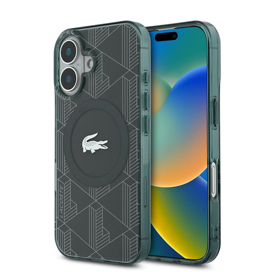 Apple iPhone 16 Kılıf Lacoste Orjinal Lisanslı M-safe Şarj Özellikli IML Baskılı Gümüş Timsah Logolu Monogram Kapak