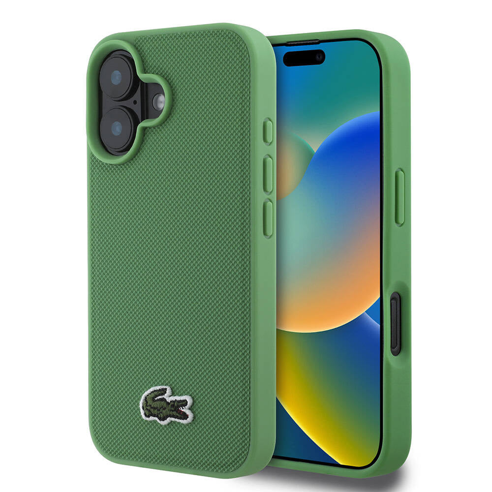 Apple iPhone 16 Case Lacoste Original Licensed PU Pique Patterned Back Surface Iconic Crocodile Woven Logo Cover Green