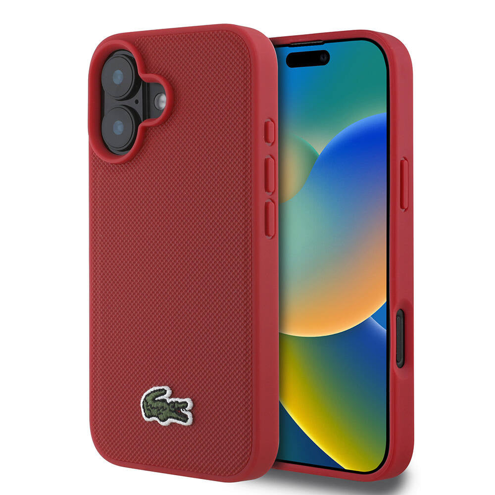 Apple iPhone 16 Case Lacoste Original Licensed PU Pique Patterned Back Surface Iconic Crocodile Woven Logo Cover Red