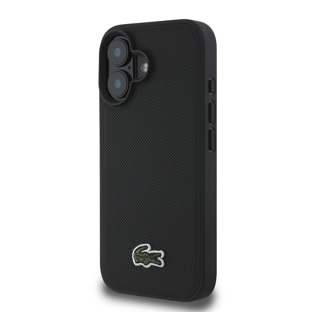 Apple iPhone 16 Case Lacoste Original Licensed PU Pique Patterned Back Surface Iconic Crocodile Woven Logo Cover + Type-C Cable 1.5m Black