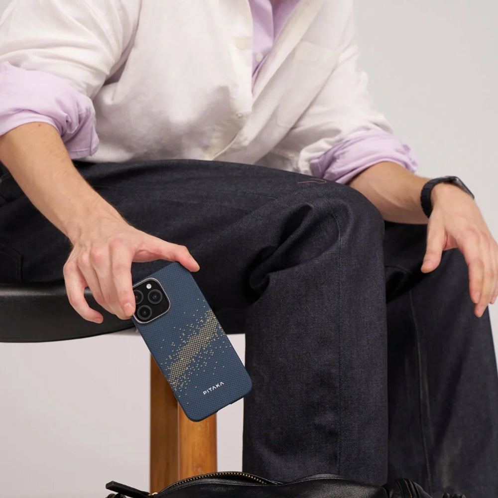 Apple iPhone 16 Kılıf M-safe Şarj Özellikli Aramid Fiber Pitaka Tactile Woven Starpeak Serisi Milky Way Galaxy Kapak Mavi