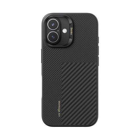 Apple iPhone 16 Kılıf M-safe Şarj Özellikli Karbon Fiber Benks Montage Hybrid ArmorPro Kevlar Kapak Siyah