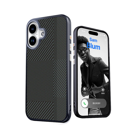Apple iPhone 16 Kılıf M-safe Şarj Özellikli Karbon Fiber Desenli Mutural Montage Kapak Mavi