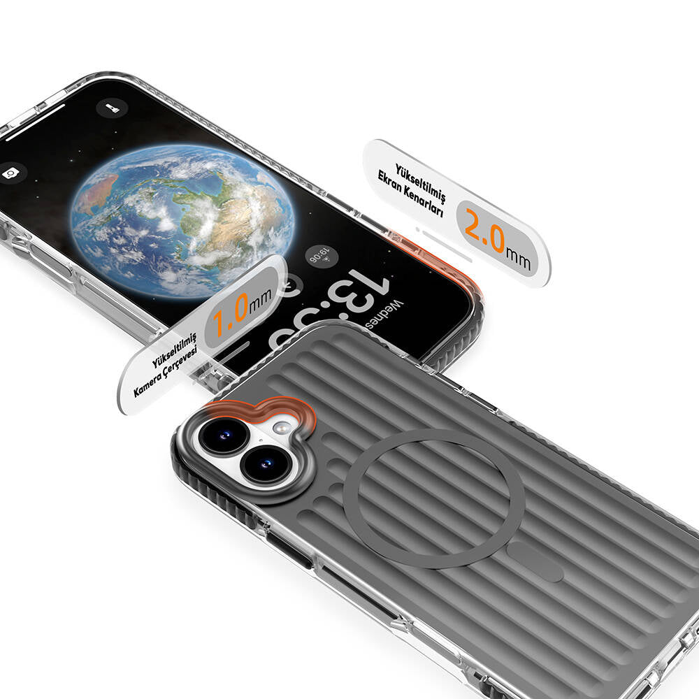 Apple iPhone 16 Kılıf M-safe Şarj Özellikli Oyuklu Tasarım Mutural Bumpy Clear Kapak Gümüş