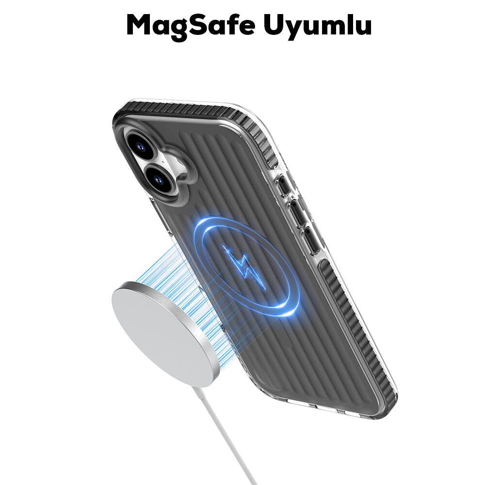 Apple iPhone 16 Kılıf M-safe Şarj Özellikli Oyuklu Tasarım Mutural Bumpy Clear Kapak Gümüş