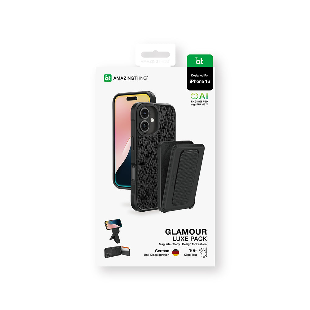 Apple iPhone 16 Case M-safe Charging Stand Card Holder Set Amazingthing Glamour Luxe Series Cover Black