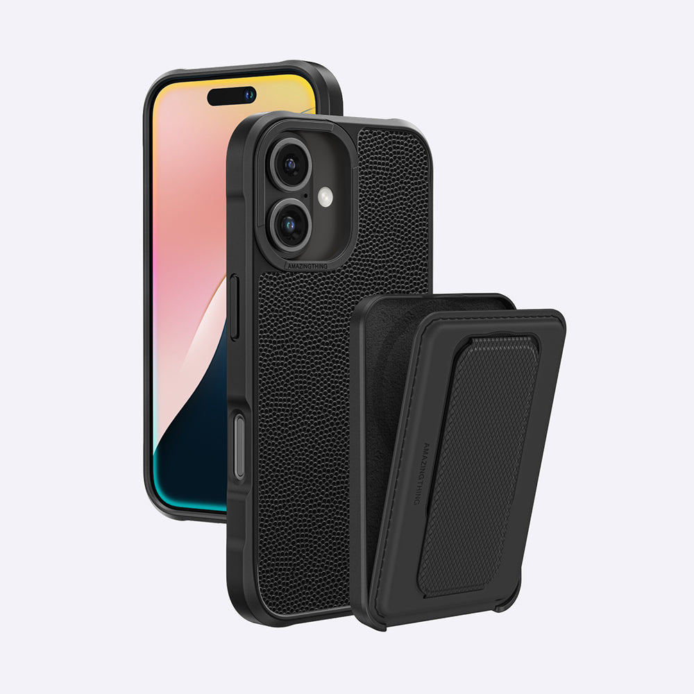 Apple iPhone 16 Case M-safe Charging Stand Card Holder Set Amazingthing Glamour Luxe Series Cover Black