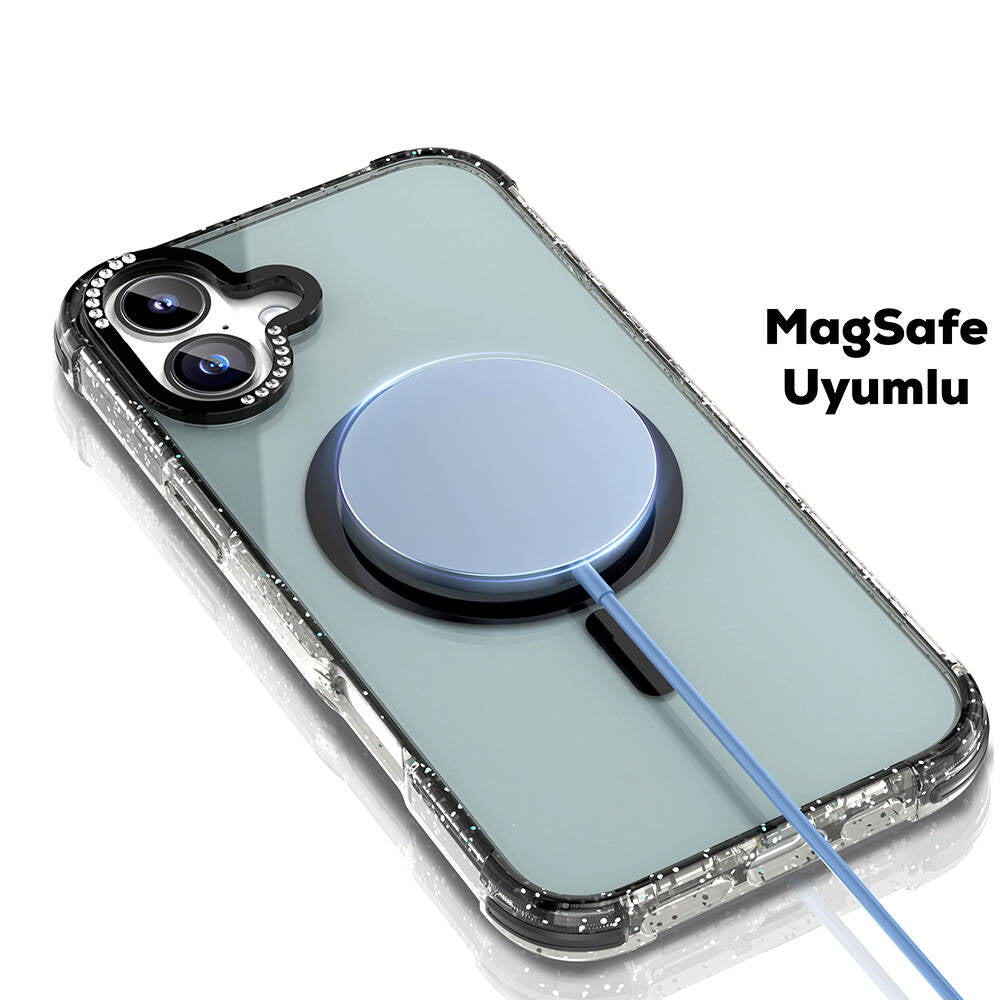 Apple iPhone 16 Kılıf M-safe Şarj Özellikli Taşlı ve Simli Tasarım Mutural Blink Kapak Mavi