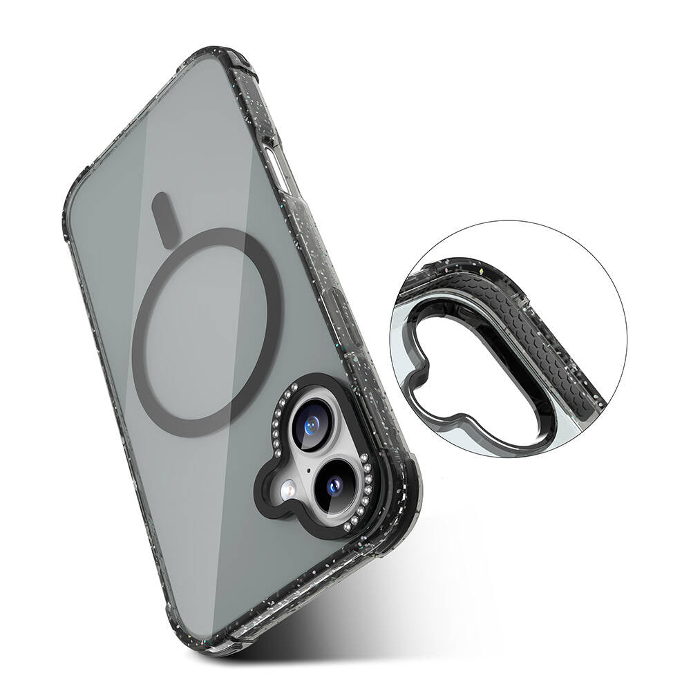 Apple iPhone 16 Kılıf M-safe Şarj Özellikli Taşlı ve Simli Tasarım Mutural Blink Kapak Mavi