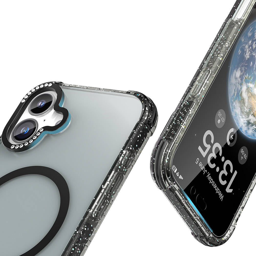 Apple iPhone 16 Kılıf M-safe Şarj Özellikli Taşlı ve Simli Tasarım Mutural Blink Kapak Mavi