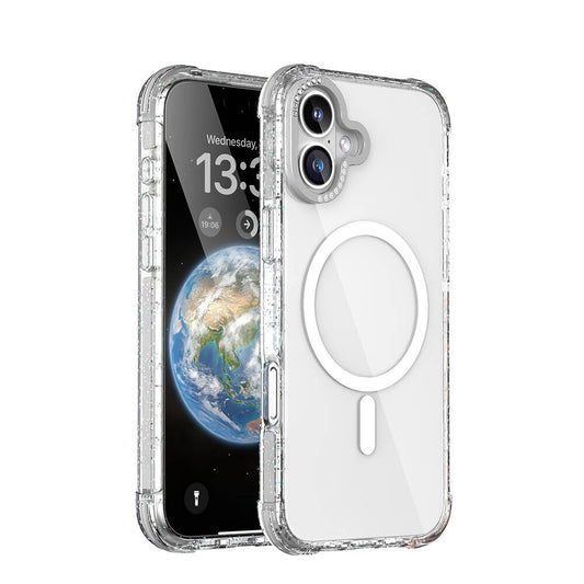 Apple iPhone 16 Kılıf M-safe Şarj Özellikli Taşlı ve Simli Tasarım Mutural Blink Kapak Şeffaf