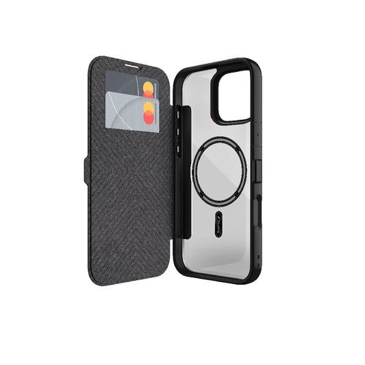 Apple iPhone 16 Case with M-safe Charging, Vegan Leather Design, Transparent Back Surface, Card Holder, Raptic Urban Folio Series Cover, Black