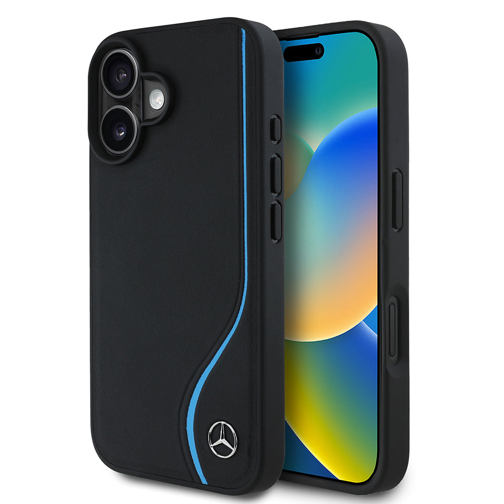 Apple iPhone 16 Kılıf Mercedes Benz Orjinal Lisanslı M-safe Şarj Özellikli 3D Metal Logolu Mavi Dikey Eğri Çizgili Deri Kapak Siyah
