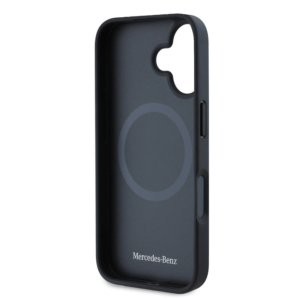 Apple iPhone 16 Case Mercedes Benz Original Licensed M-Safe Charging Feature 3D Metal Logo Wood Imitation Leather Cover Black