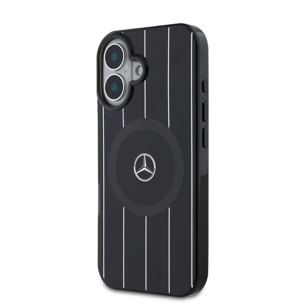 Apple iPhone 16 Case Mercedes Benz Original Licensed M-Safe Charging Feature Double Layer Parallel Stripe Patterned Cover Black