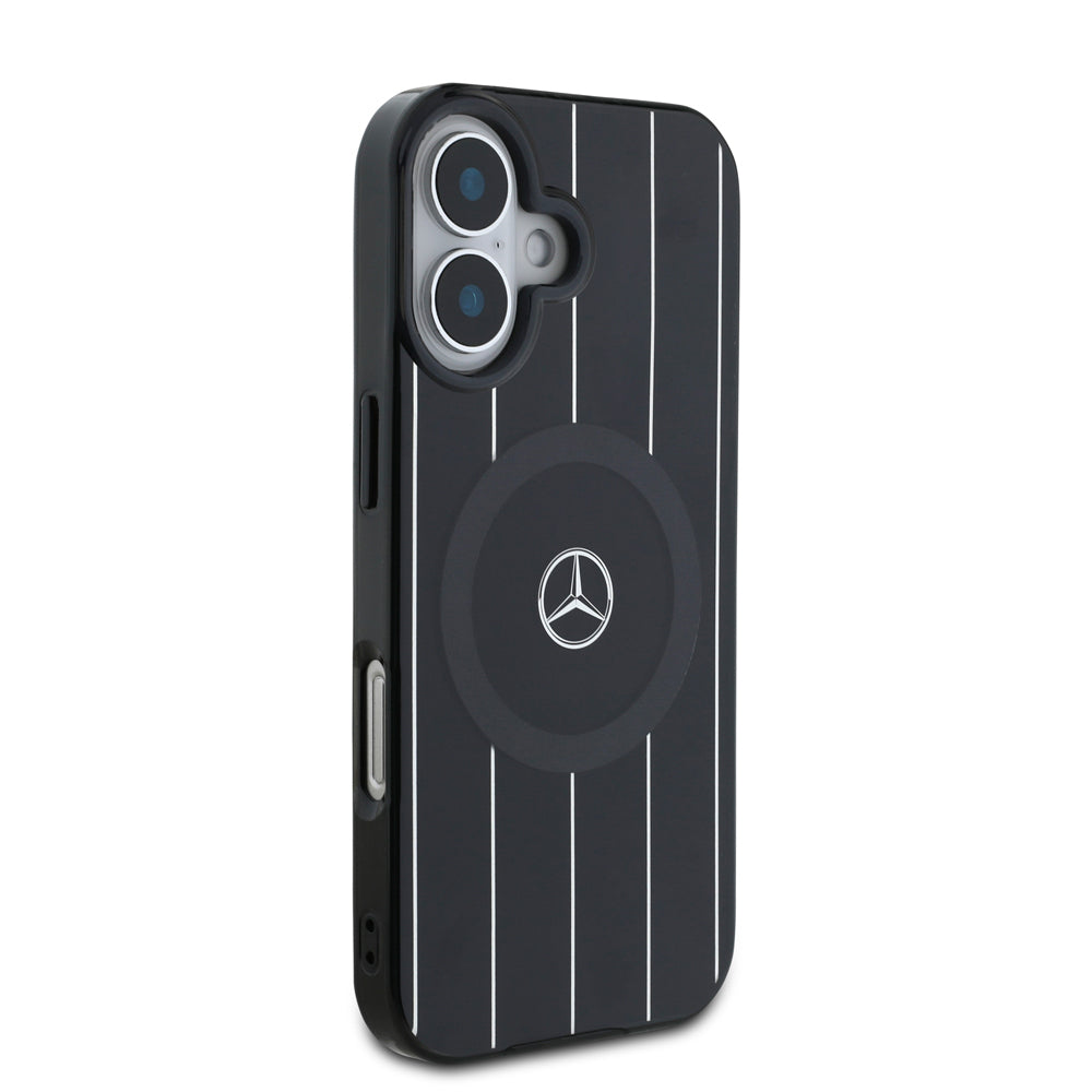 Apple iPhone 16 Case Mercedes Benz Original Licensed M-Safe Charging Feature Double Layer Parallel Stripe Patterned Cover Black