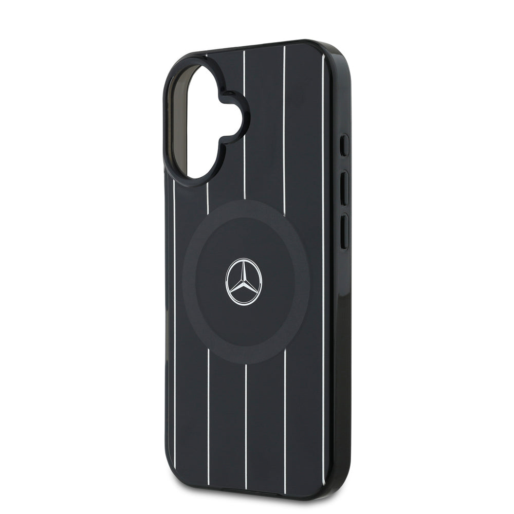 Apple iPhone 16 Case Mercedes Benz Original Licensed M-Safe Charging Feature Double Layer Parallel Stripe Patterned Cover Black