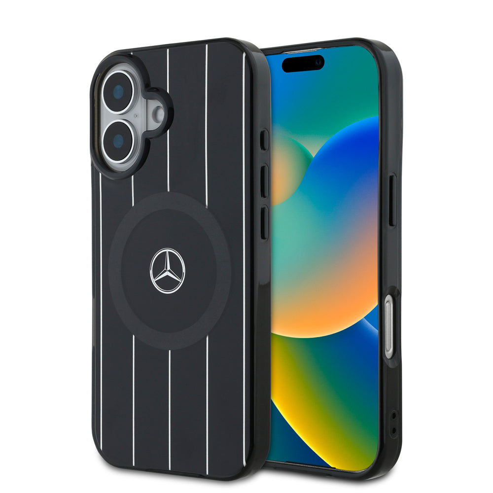 Apple iPhone 16 Case Mercedes Benz Original Licensed M-Safe Charging Feature Double Layer Parallel Stripe Patterned Cover Black