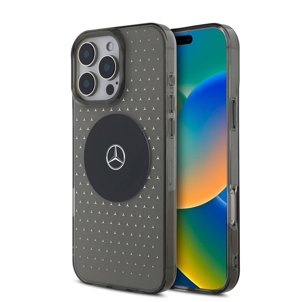 Apple iPhone 16 Pro Max Case Mercedes Benz Original Licensed M-Safe Charging Feature Star Patterned Transparent Cover Black