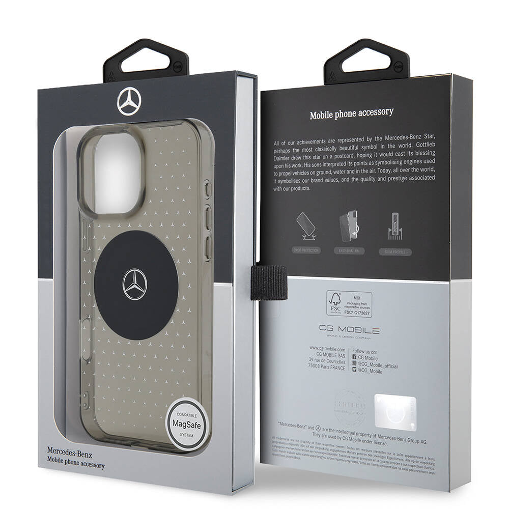 Apple iPhone 16 Pro Max Case Mercedes Benz Original Licensed M-Safe Charging Feature Star Patterned Transparent Cover Black